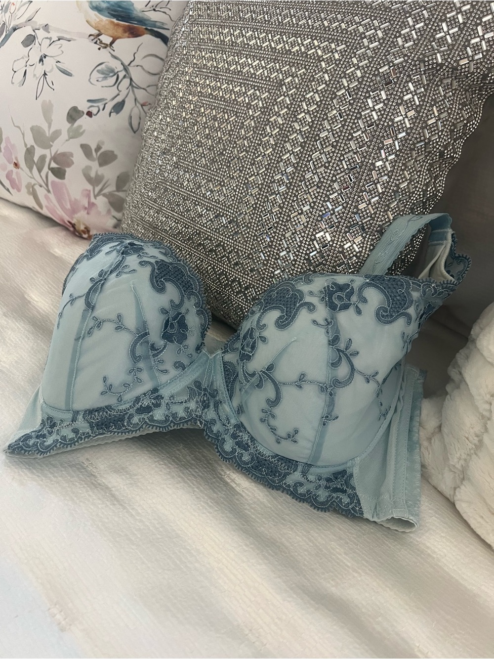 Embroidered Light Blue Balconette Bra with Floral Lace